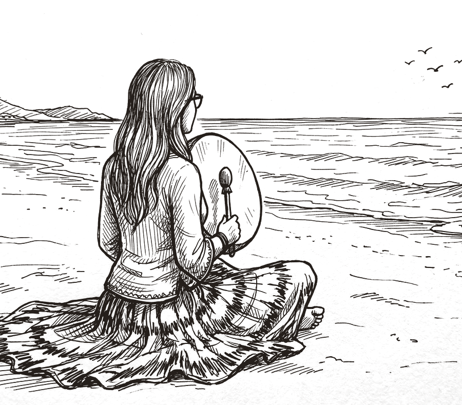 Pen-and-ink sketch of a woman playing a shamanic drum on the beach at sunrise