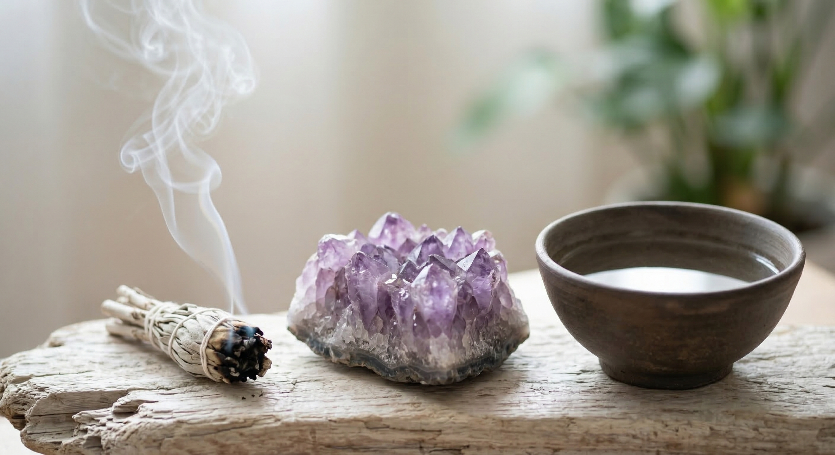 Sacred healing tools — sage, amethyst crystal and ceremonial bowl